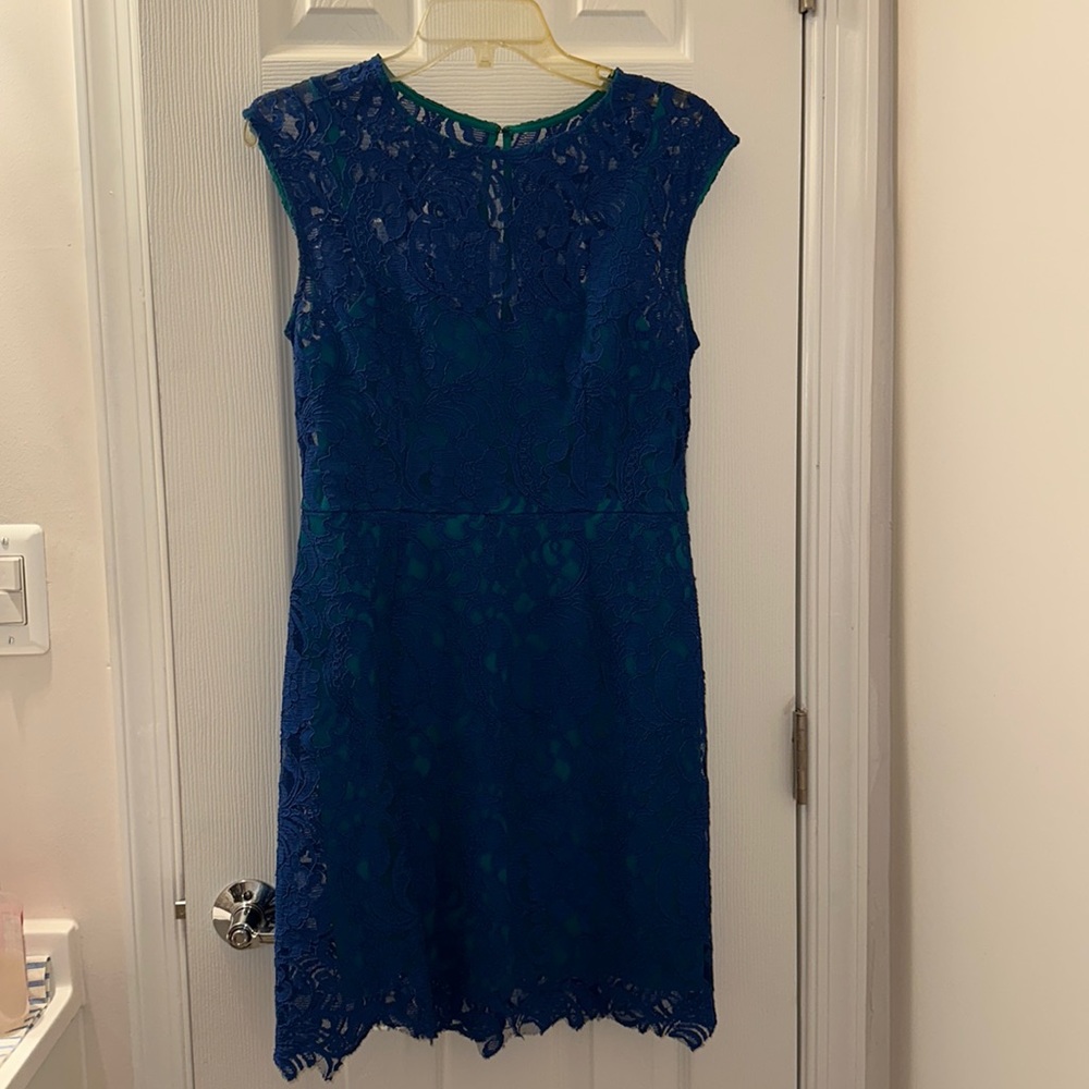 Blue‑Green Lace Floral Dress – Knee‑Length, Elegant & Flattering